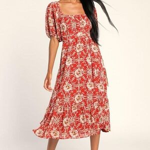 Lulus Daily Daydream Rust Red Floral Print Puff Sleeve Midi Dress Size Large